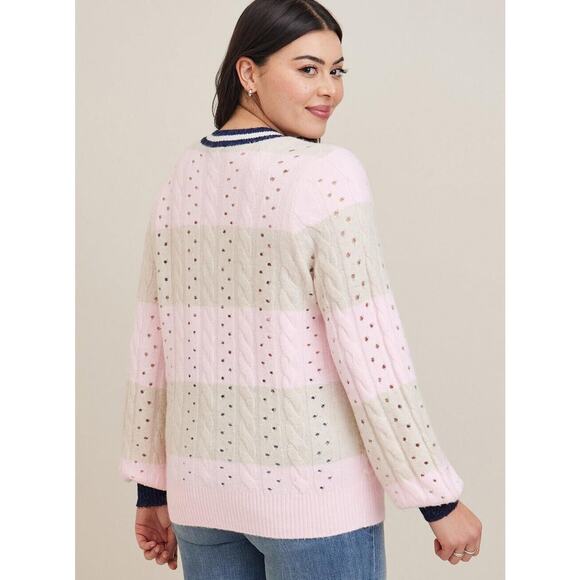 Torrid Sweater Womens Plus 2 Pink Striped Vegan Cashmere Pullover V Neck Henley - Picture 15 of 16